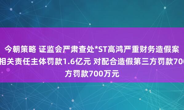 今朝策略 证监会严肃查处*ST高鸿严重财务造假案件 对相关责任主体罚款1.6亿元 对配合造假第三方罚款700万元